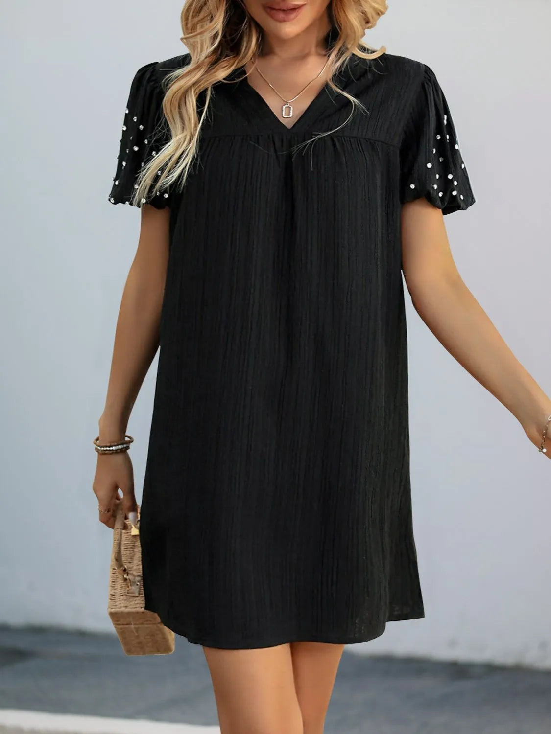 Textured V-Neck Short Sleeve Mini Dress 