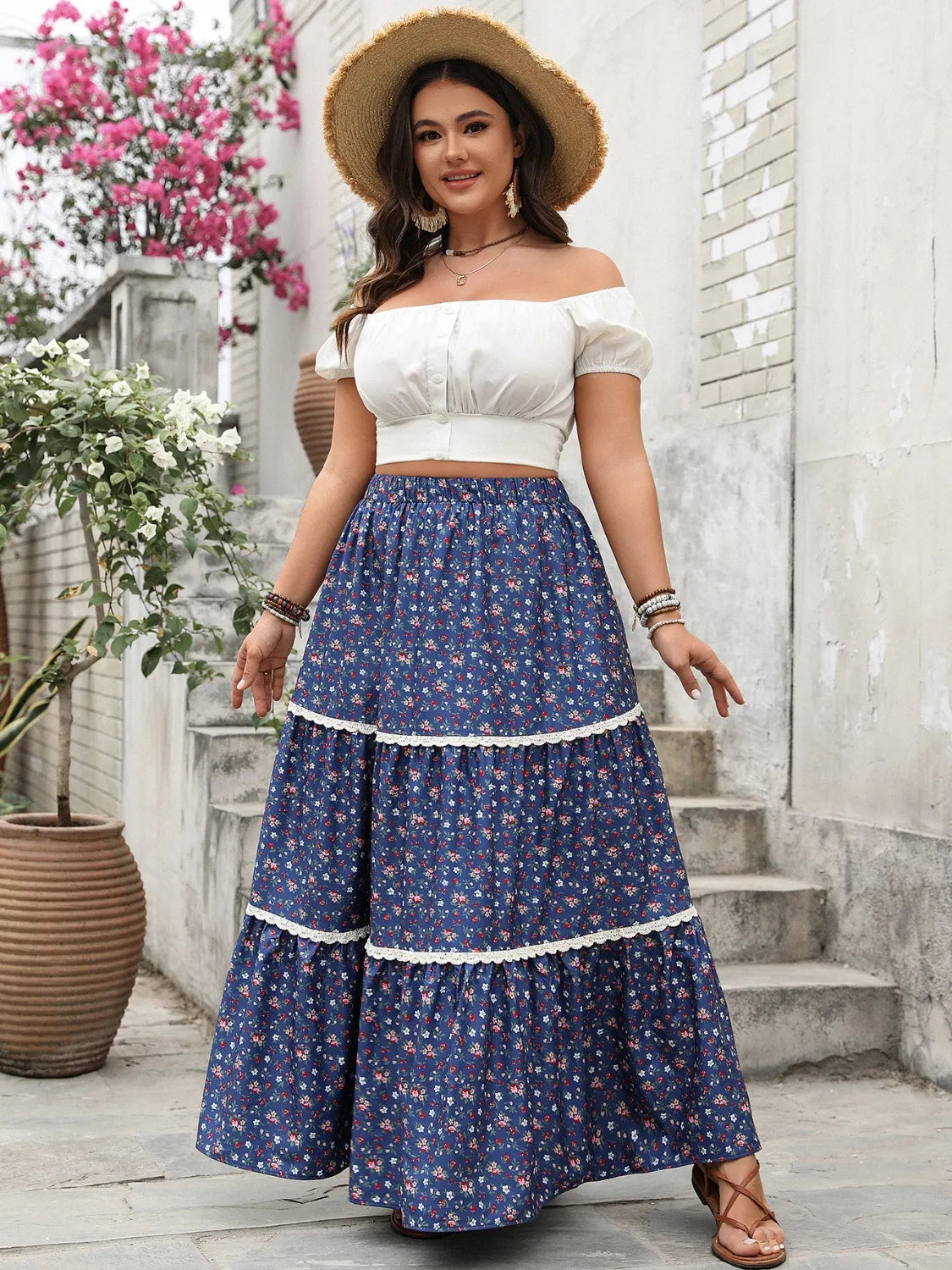 Plus Size Floral Elastic Waist Maxi Skirt 