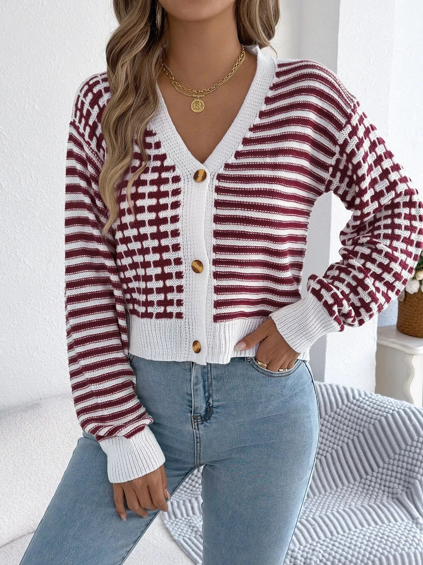 Striped Button-Up Cropped Cardigan 