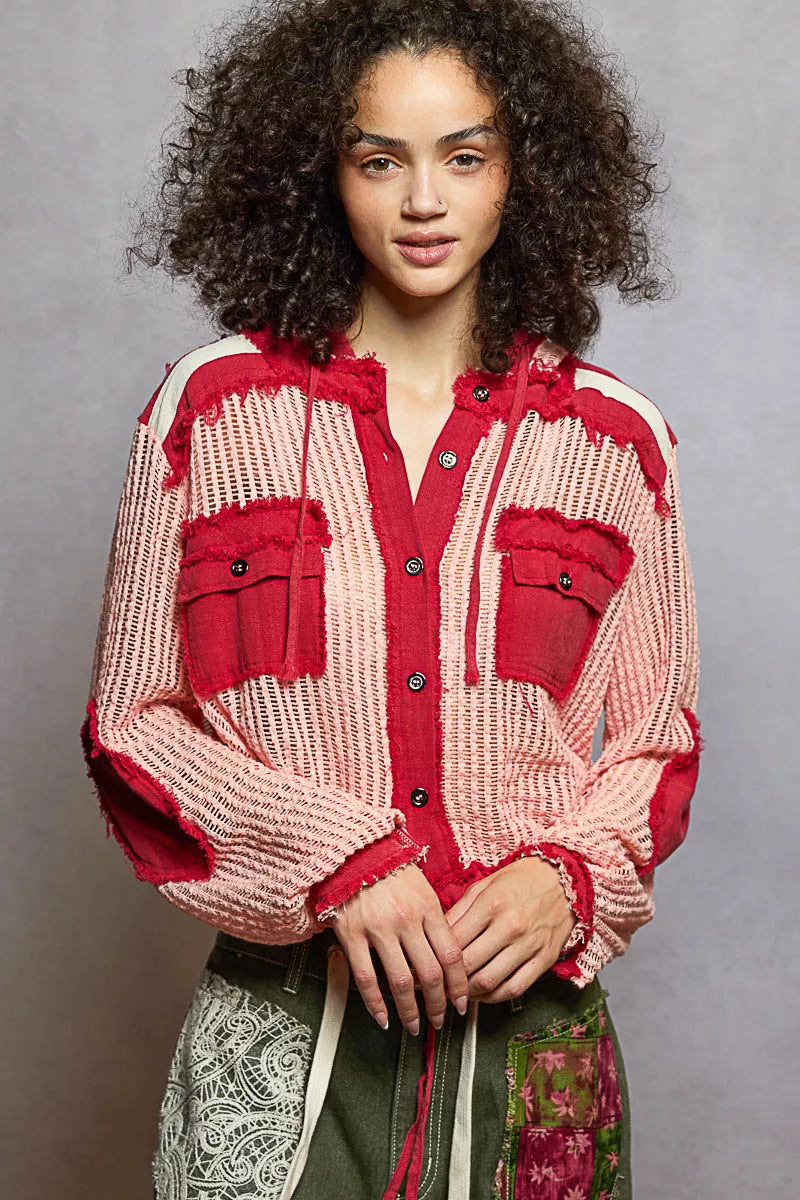 POL Texture Woven Button Down Hooded Shirt with Drawstring Hem 