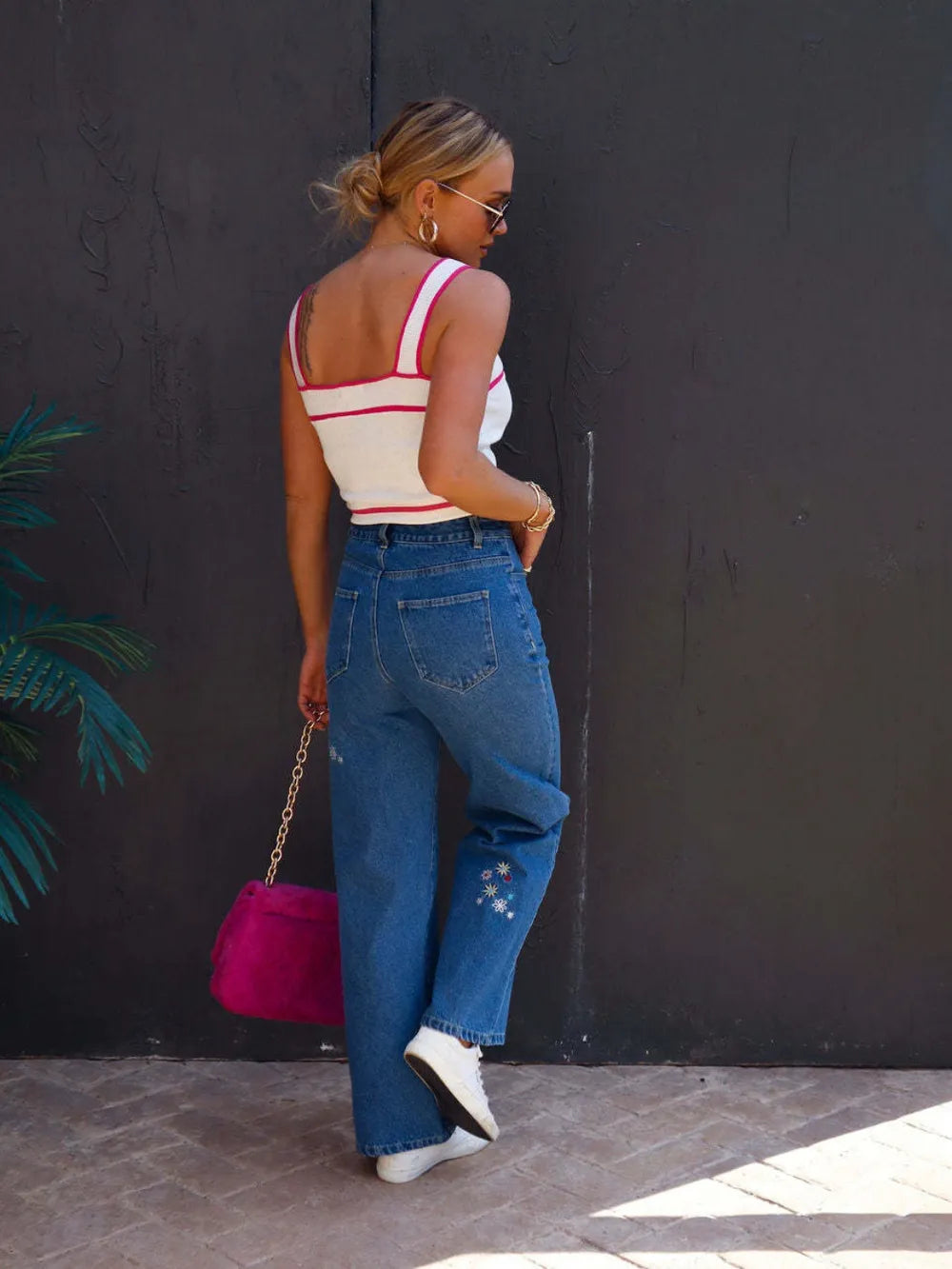 Embroidered Straight Jeans with Pockets 
