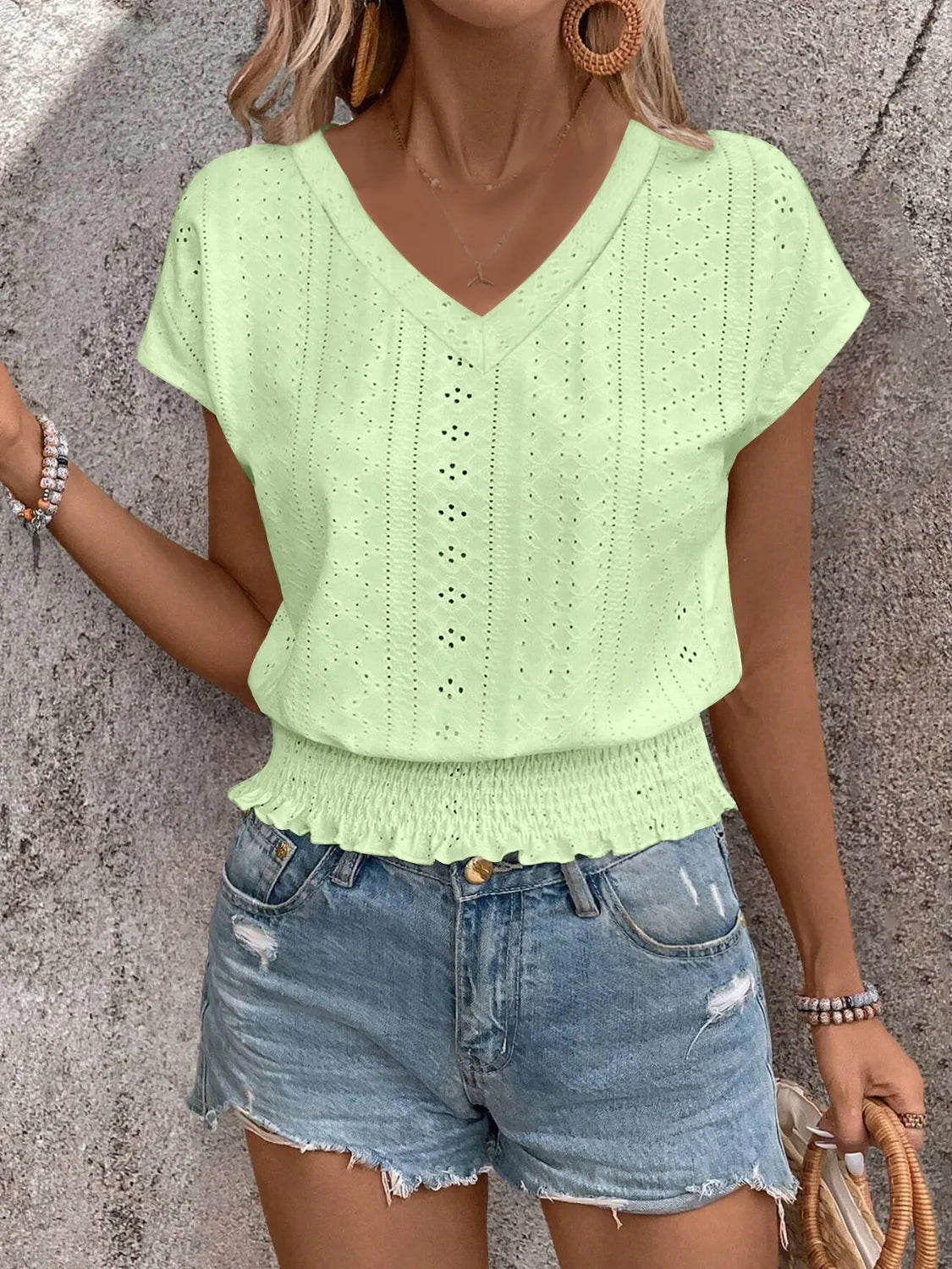 Eyelet V-Neck Short Sleeve Blouse 