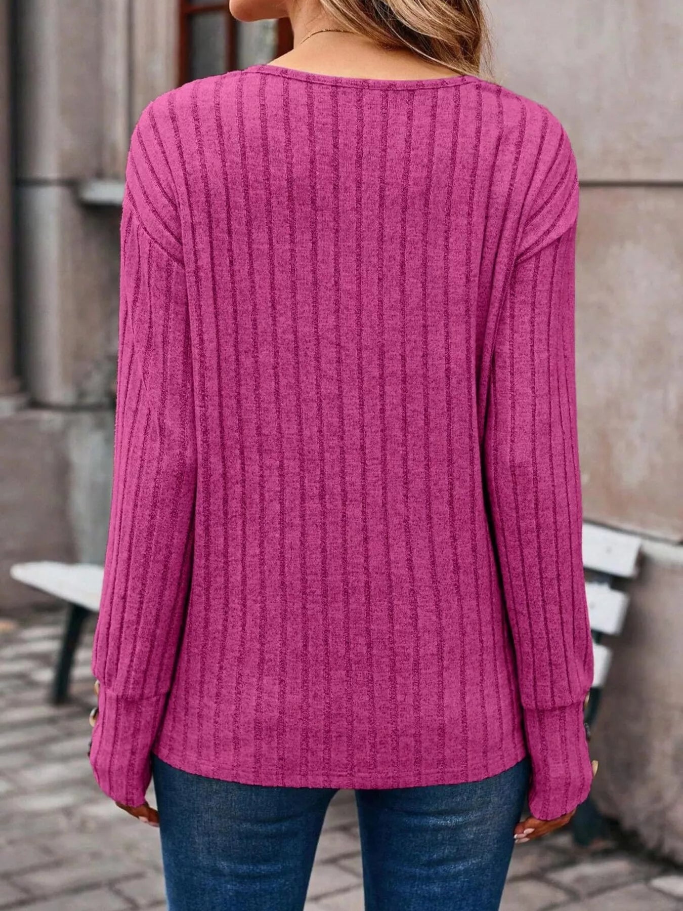 Ribbed V-Neck Long Sleeve Top 