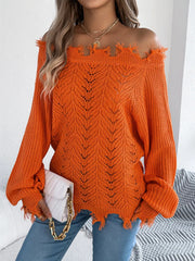Distressed Hem Openwork Off-Shoulder Sweater 