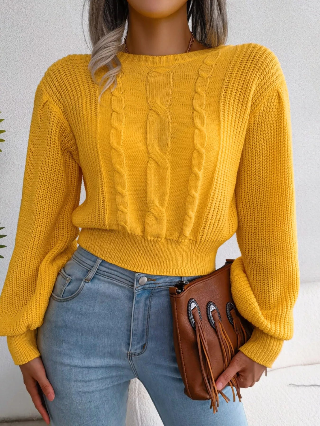 Cable Knit Round Neck Cropped Sweater 