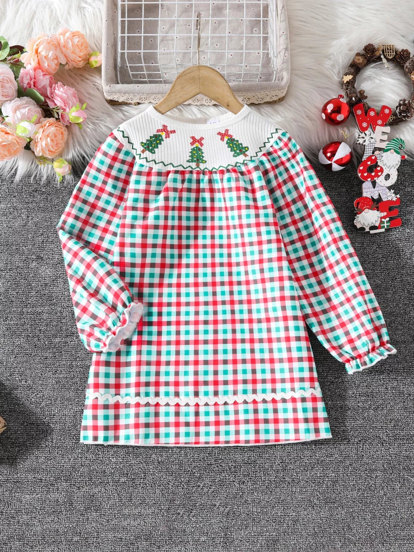 Children's Christmas Tree Plaid Dress 