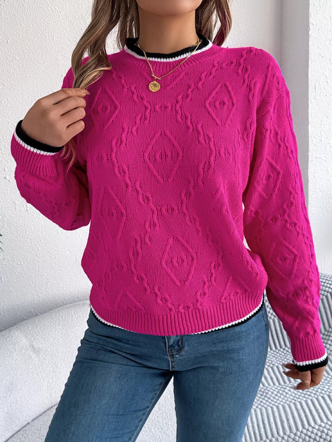 Contrast Trim Round Neck Sweater 