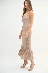 MABLE Ruffled Hem Sleeveless Crochet Knit Midi Dress 