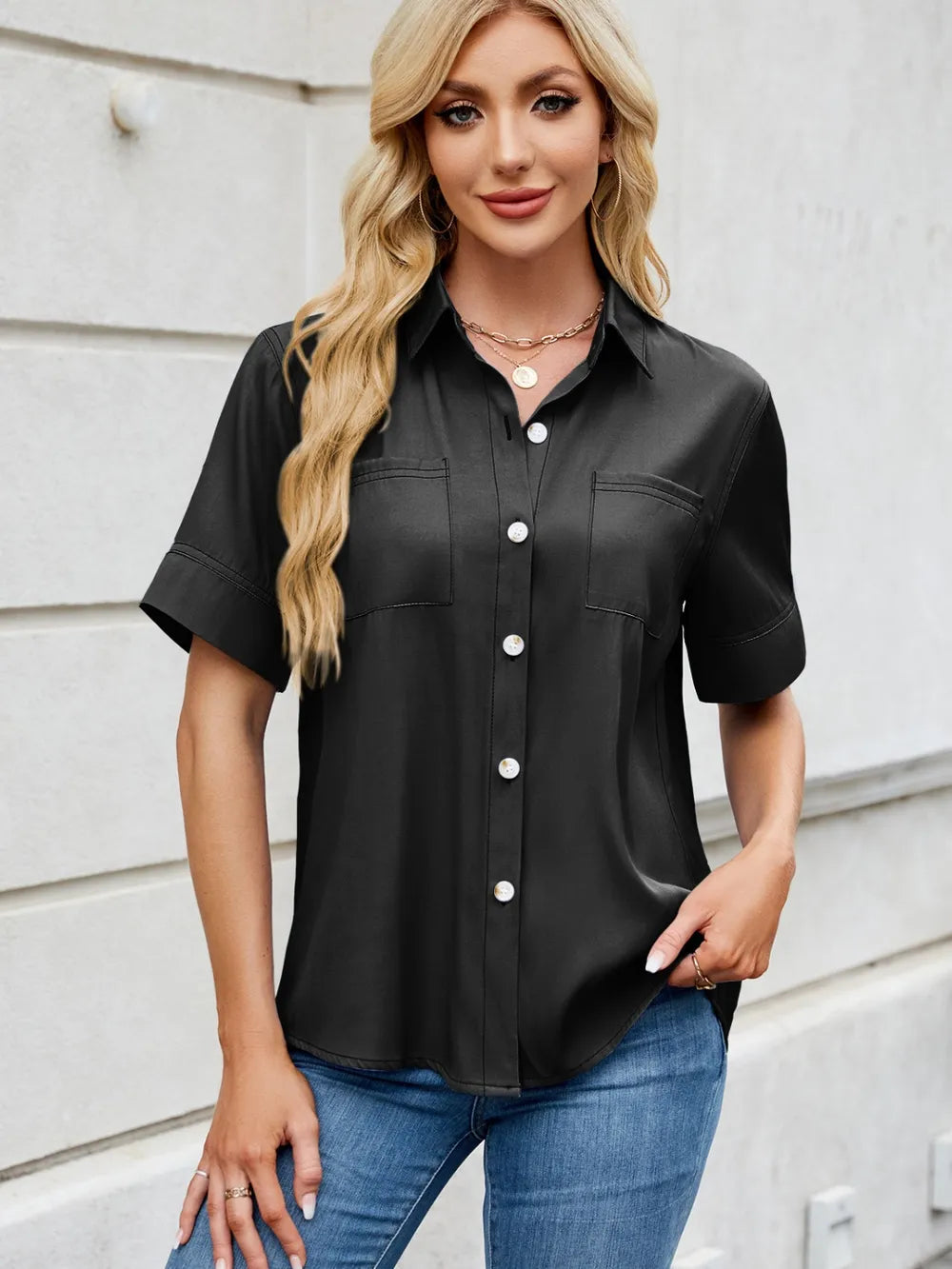 Collared Neck Short Sleeve Shirt 