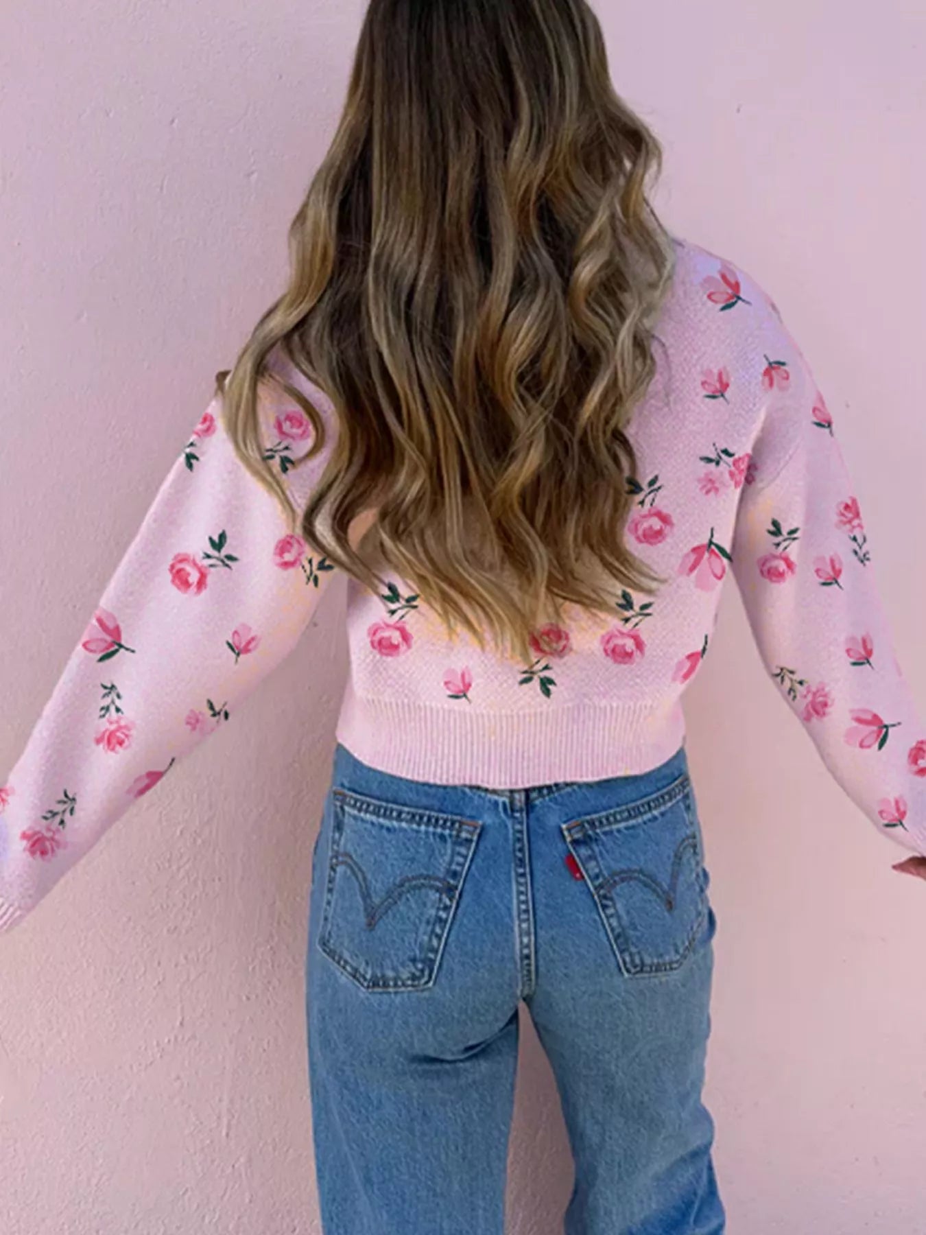 Floral Drop Shoulder Cropped Sweater 