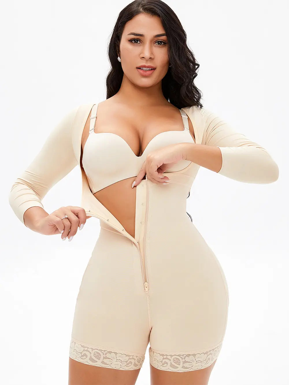 Full Size Zip Up Lace Detail Long Sleeve Shapewear 