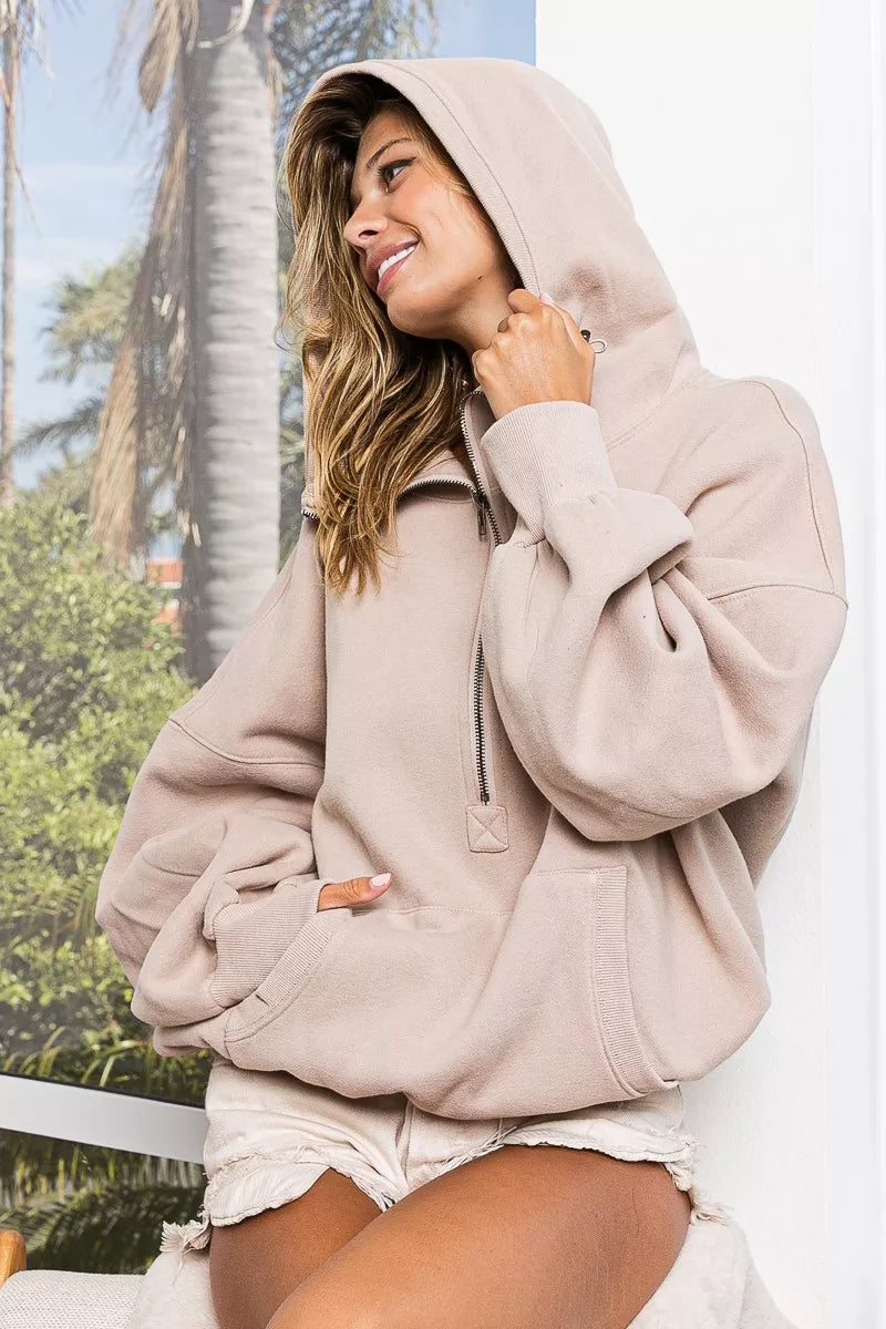 BiBi Stitch Detailed Elastic Hem Half Zip Fleece Hoodie 
