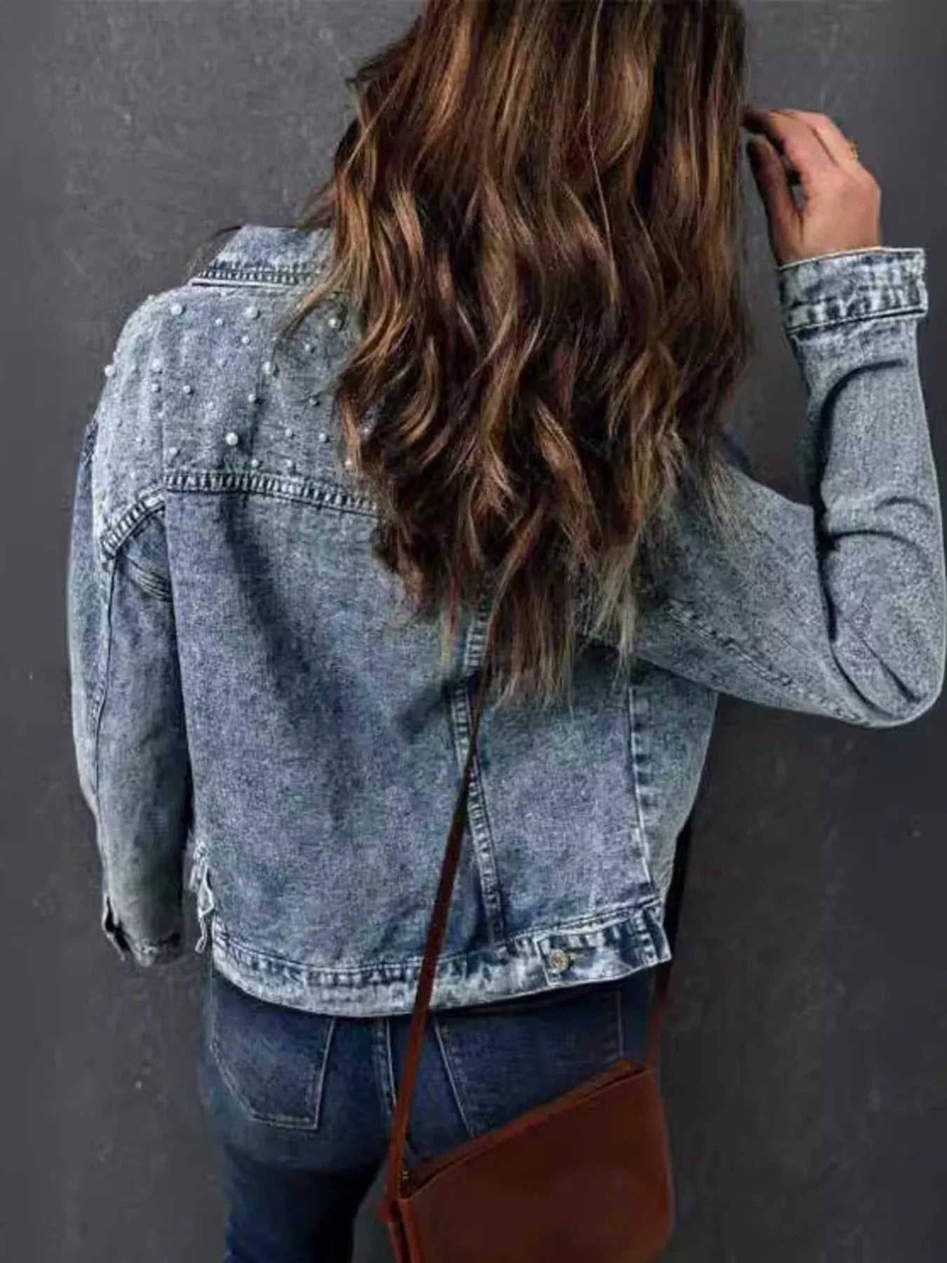 Full Size Pearl Detail Button Up Long Sleeve Denim Jacket Plus Size 