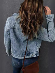 Full Size Pearl Detail Button Up Long Sleeve Denim Jacket Plus Size 