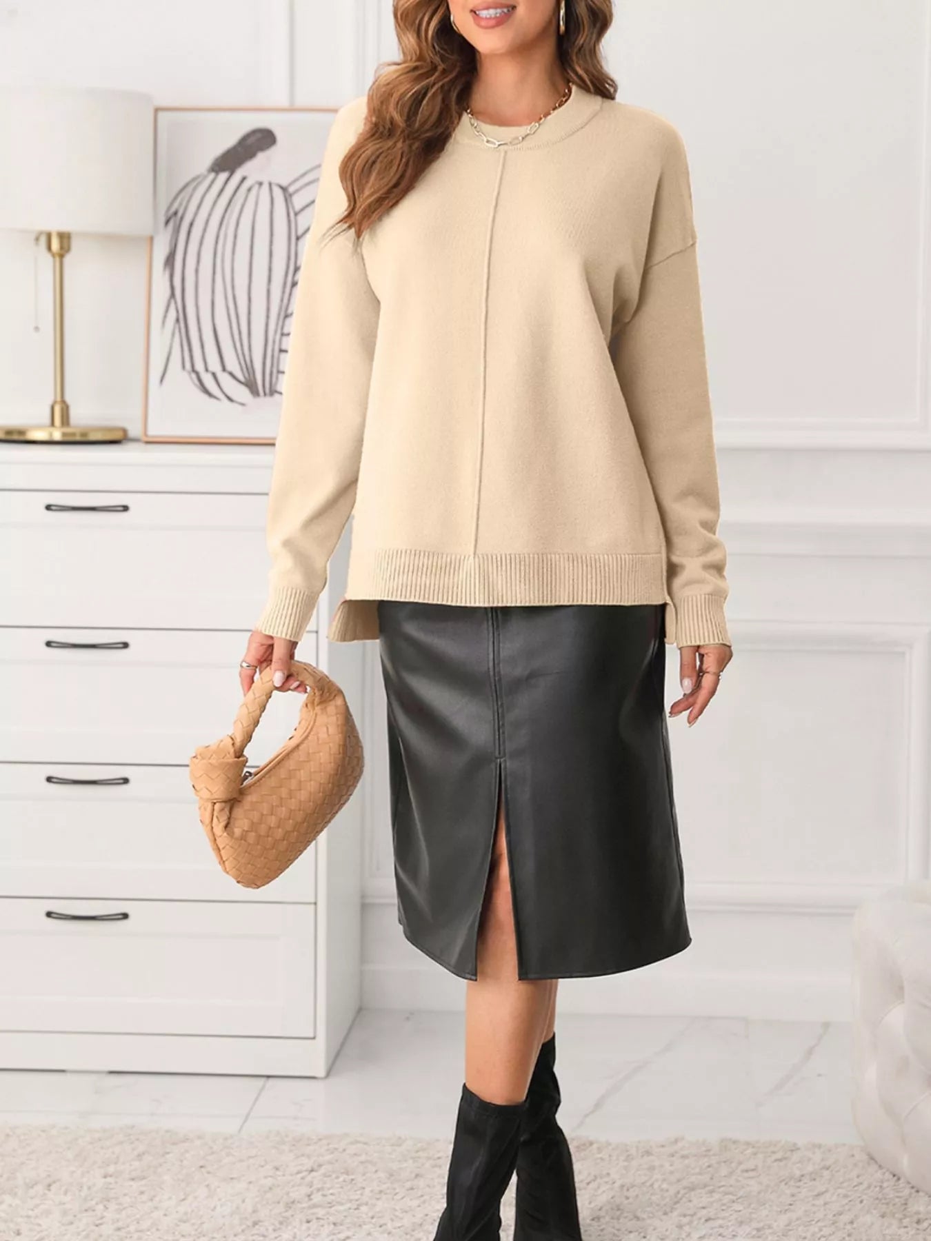 Front Center Seam Drop Shoulder Solid Sweater 