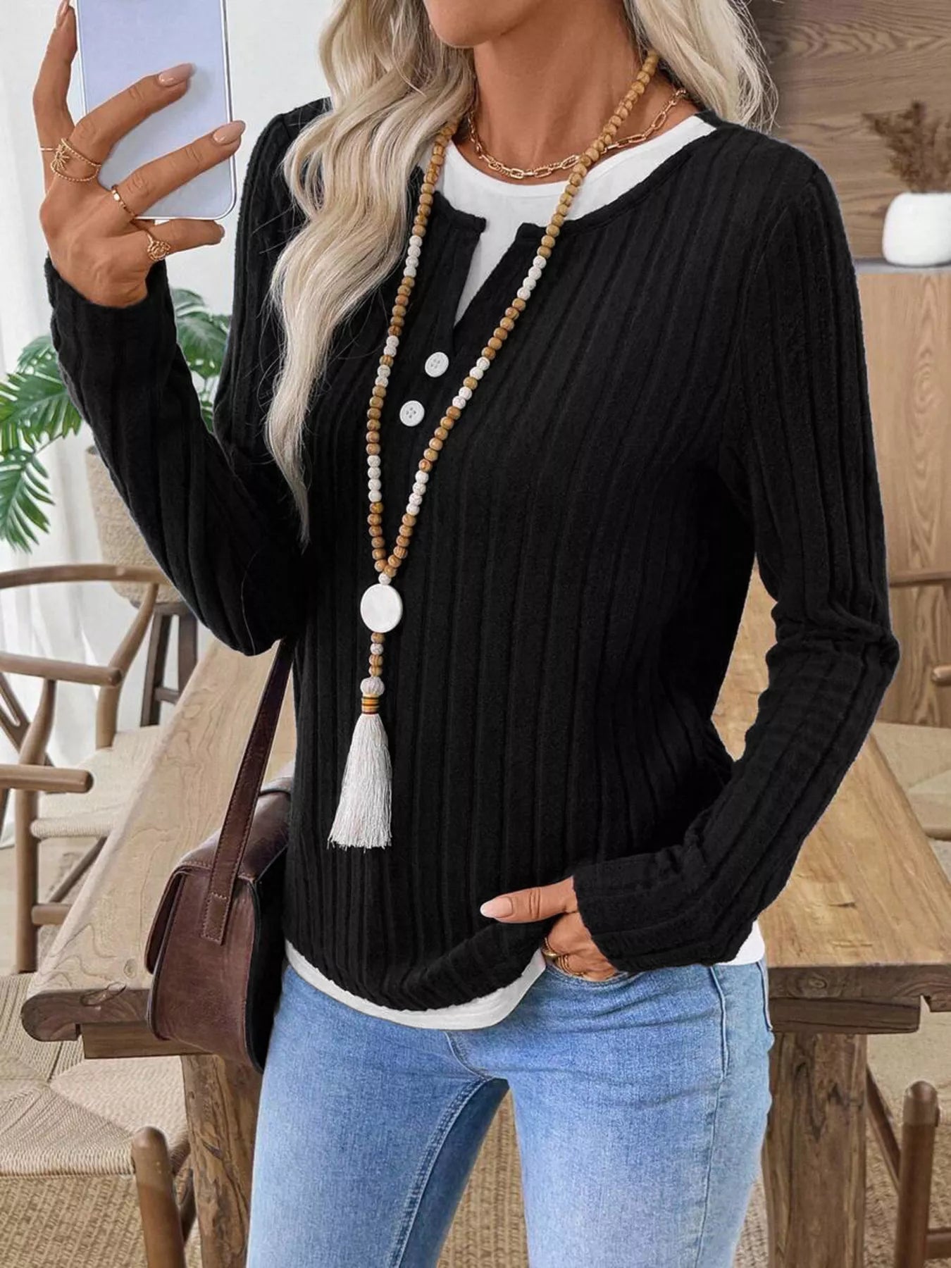 Ribbed Knit Button Detail Contrast Sweater 