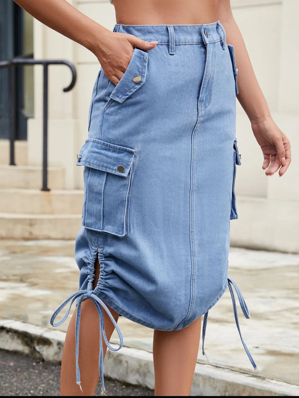 Drawstring Denim Skirt with Cargo Pockets 
