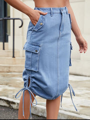 Drawstring Denim Skirt with Cargo Pockets 