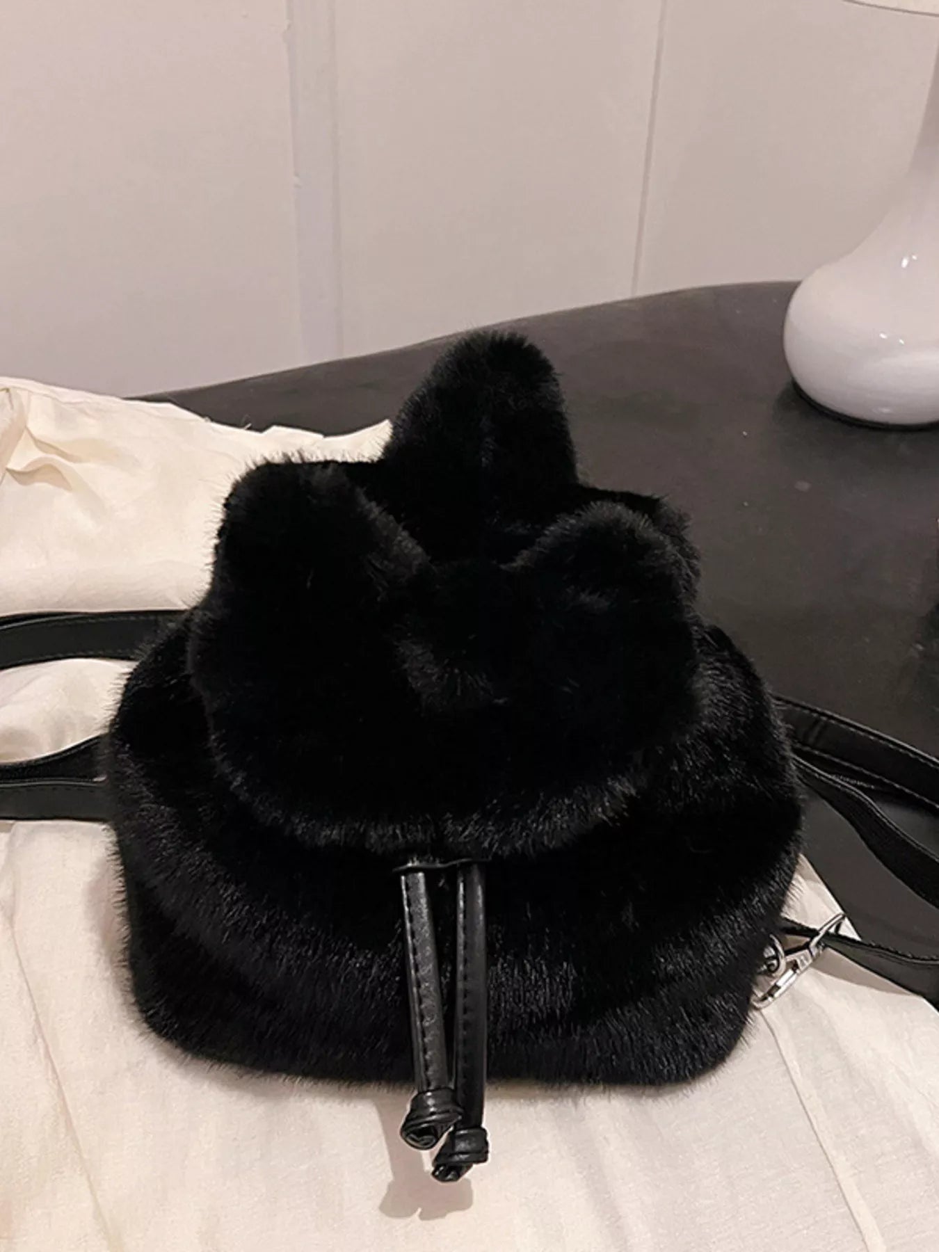 Fuzzy Plush Drawstring Backpack Bag 