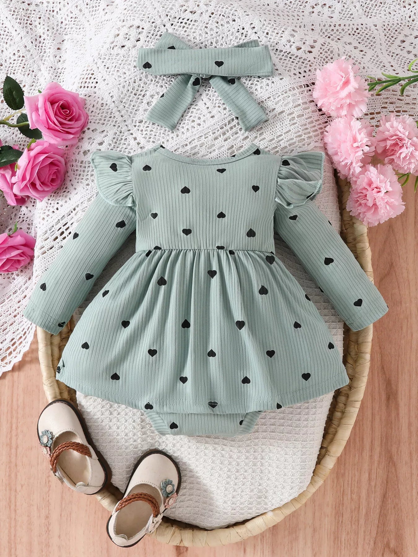 Children's Heart Print Ruffle Trim Bodysuit Dress with Headband 