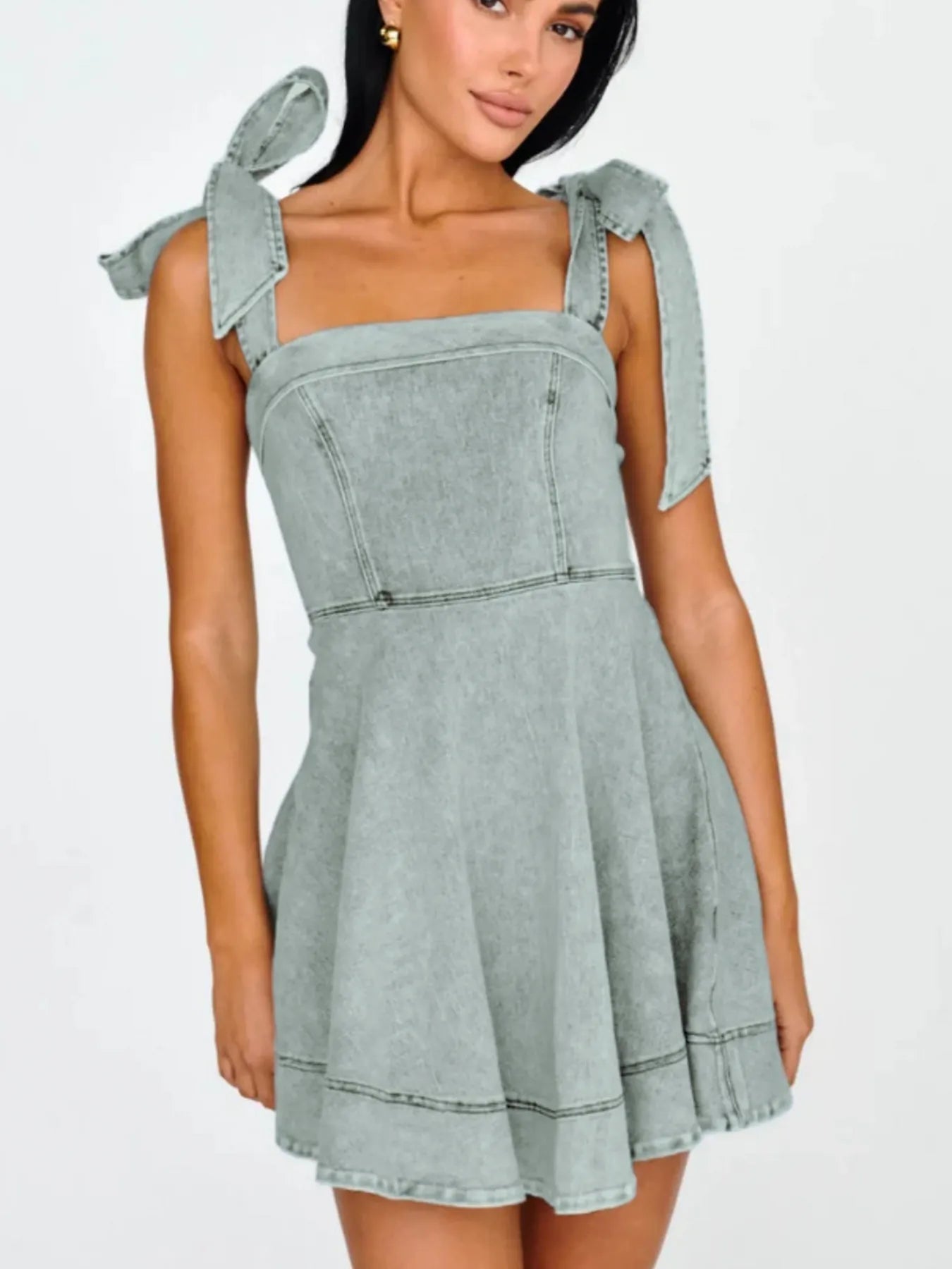 Bow-Shoulder Square Neck Denim Mini Dress 
