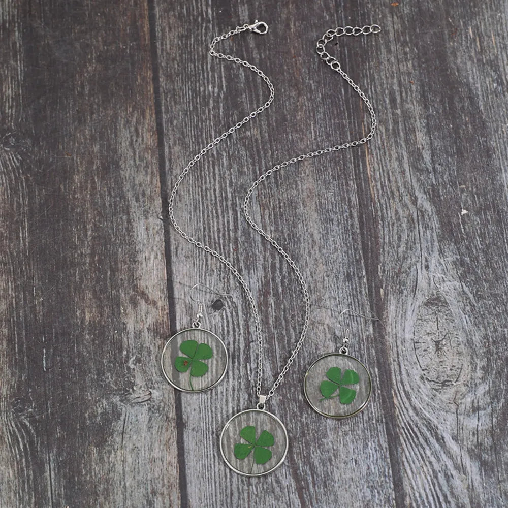 Lucky Clover Alloy Acrylic Earrings and Necklace Jewelry Set 