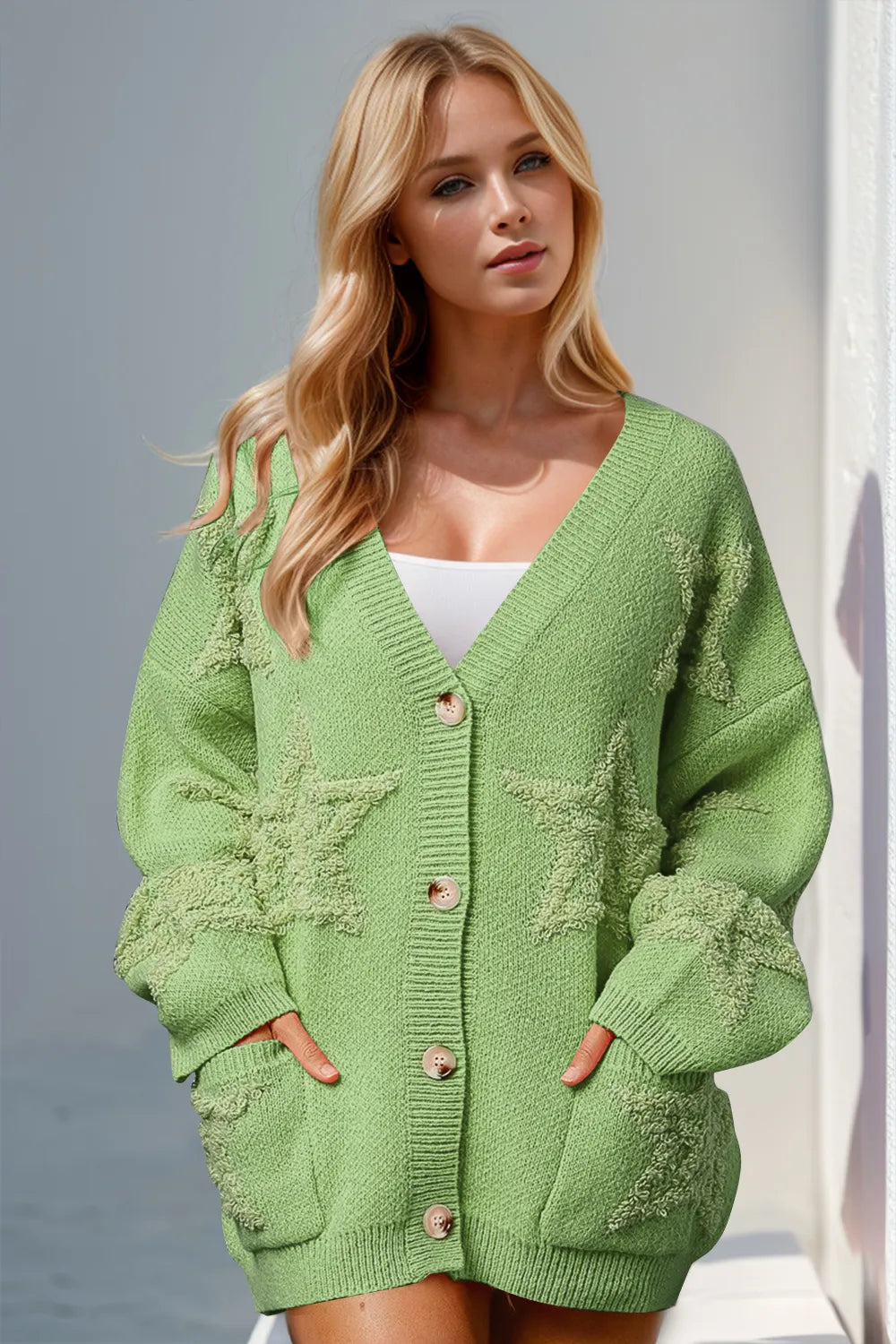 Double Take Full Size Button Up Star Pattern Cardigan 