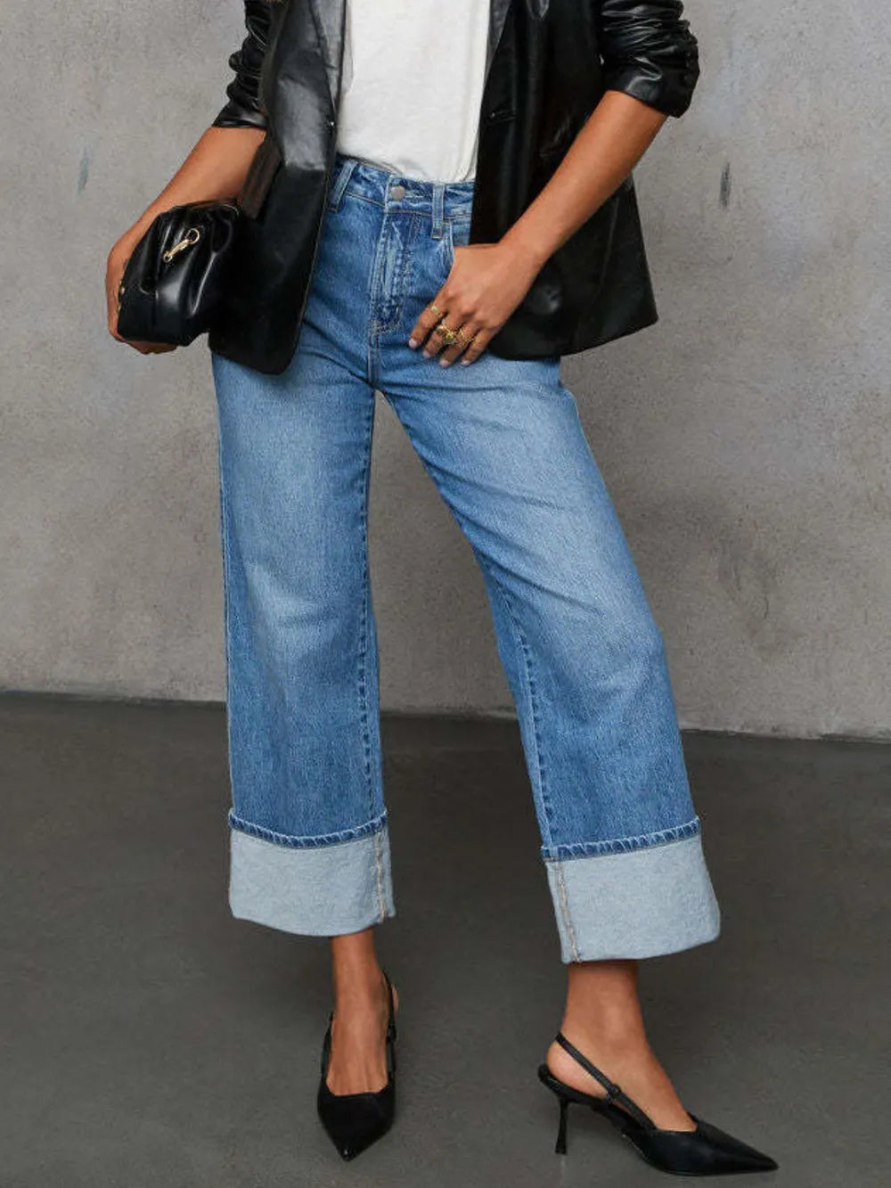 High Waisted Straight Leg Rolled Jeans 
