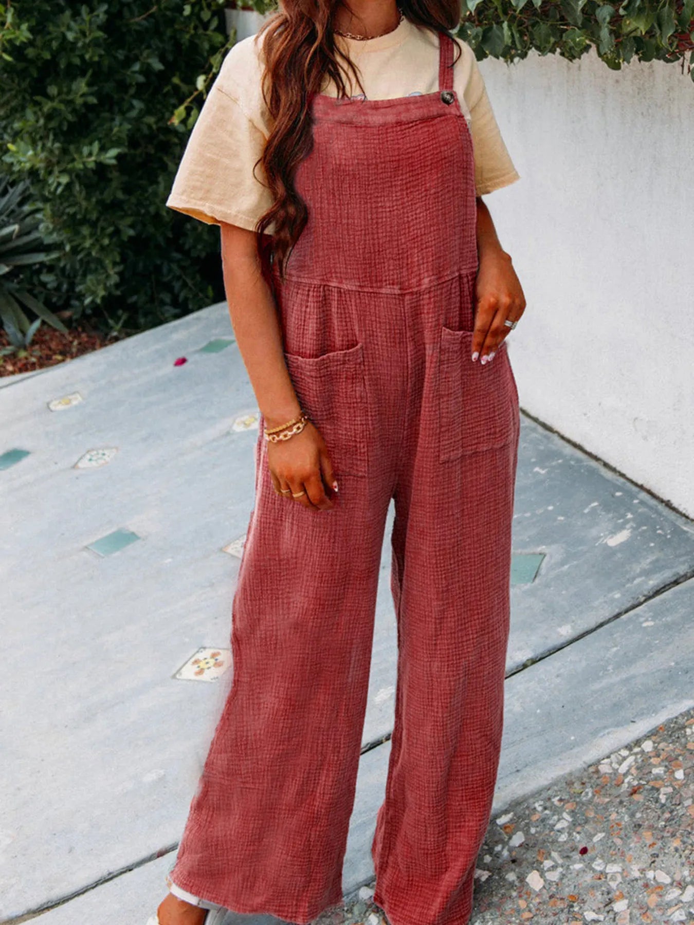 Full Size Casual Wide Leg Textured Overalls Plus Size 