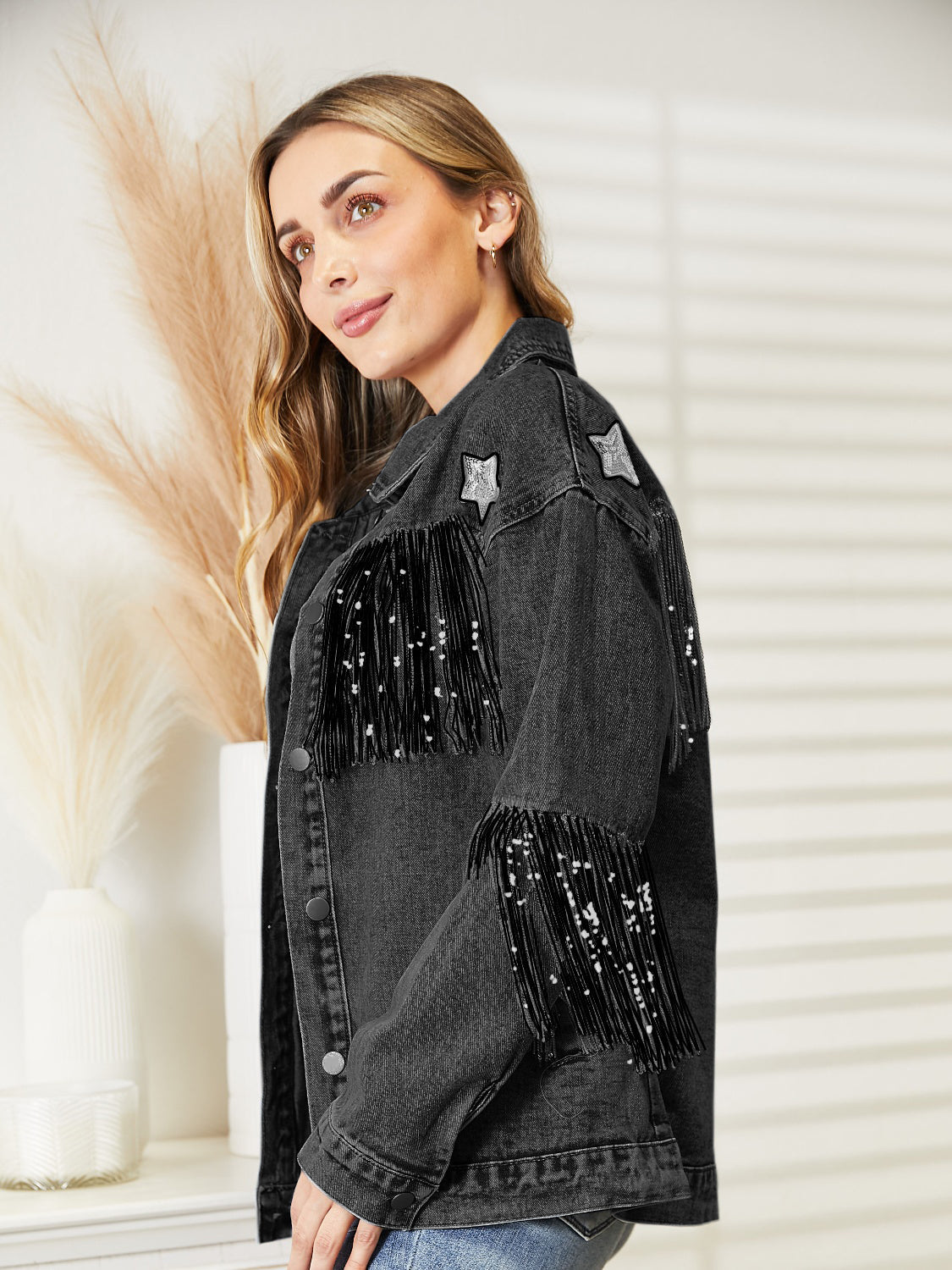 Fringe Detail Long Sleeve Denim Jacket 
