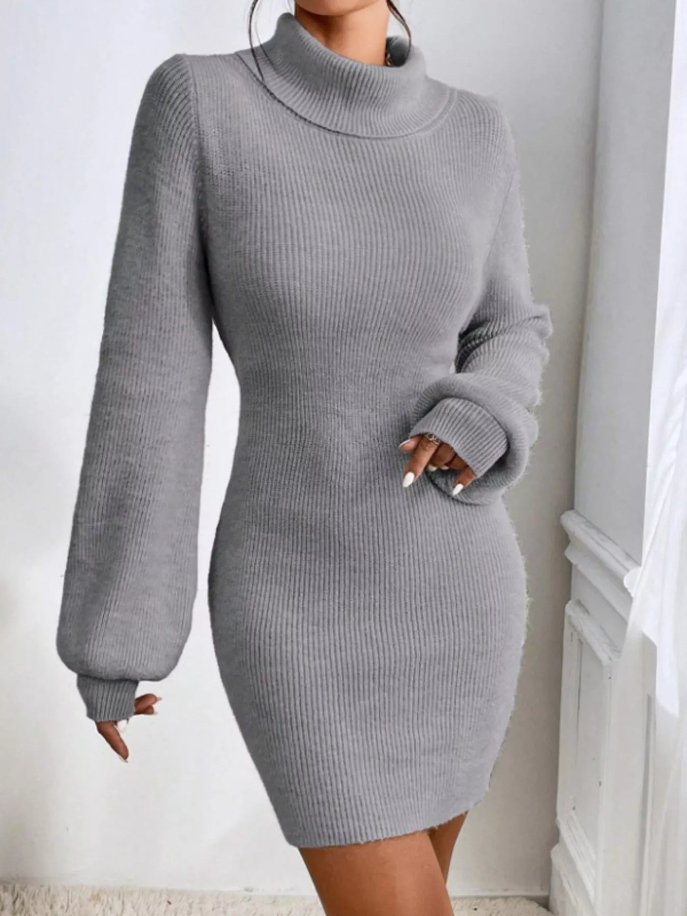Turtleneck Ribbed Knit Sweater Dress 