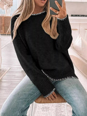 Slit Contrast Trim Round Neck Sweater 