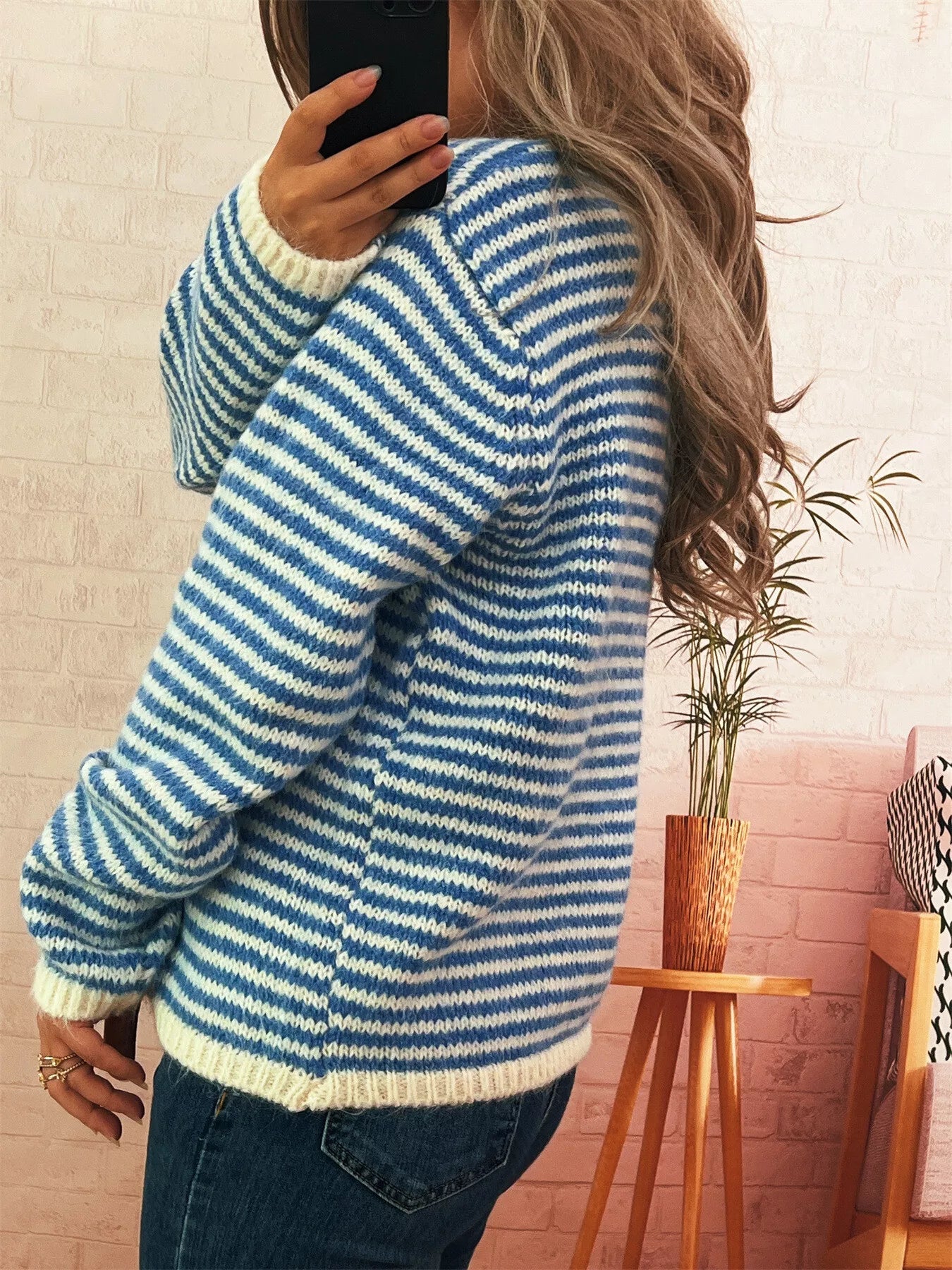 Striped Button Detail Long Sleeve Sweater 