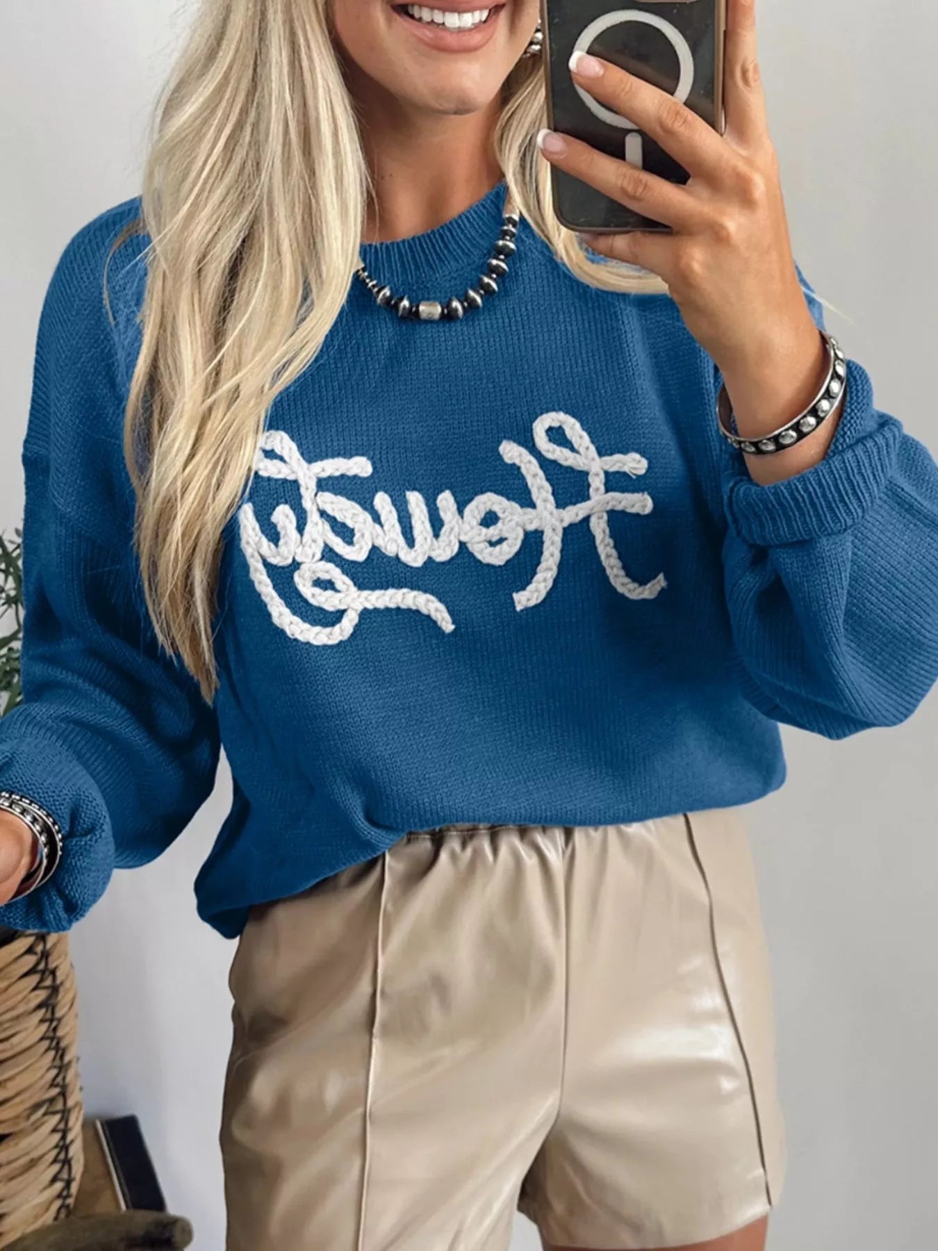 Howdy Embroidered Round Neck Sweater 