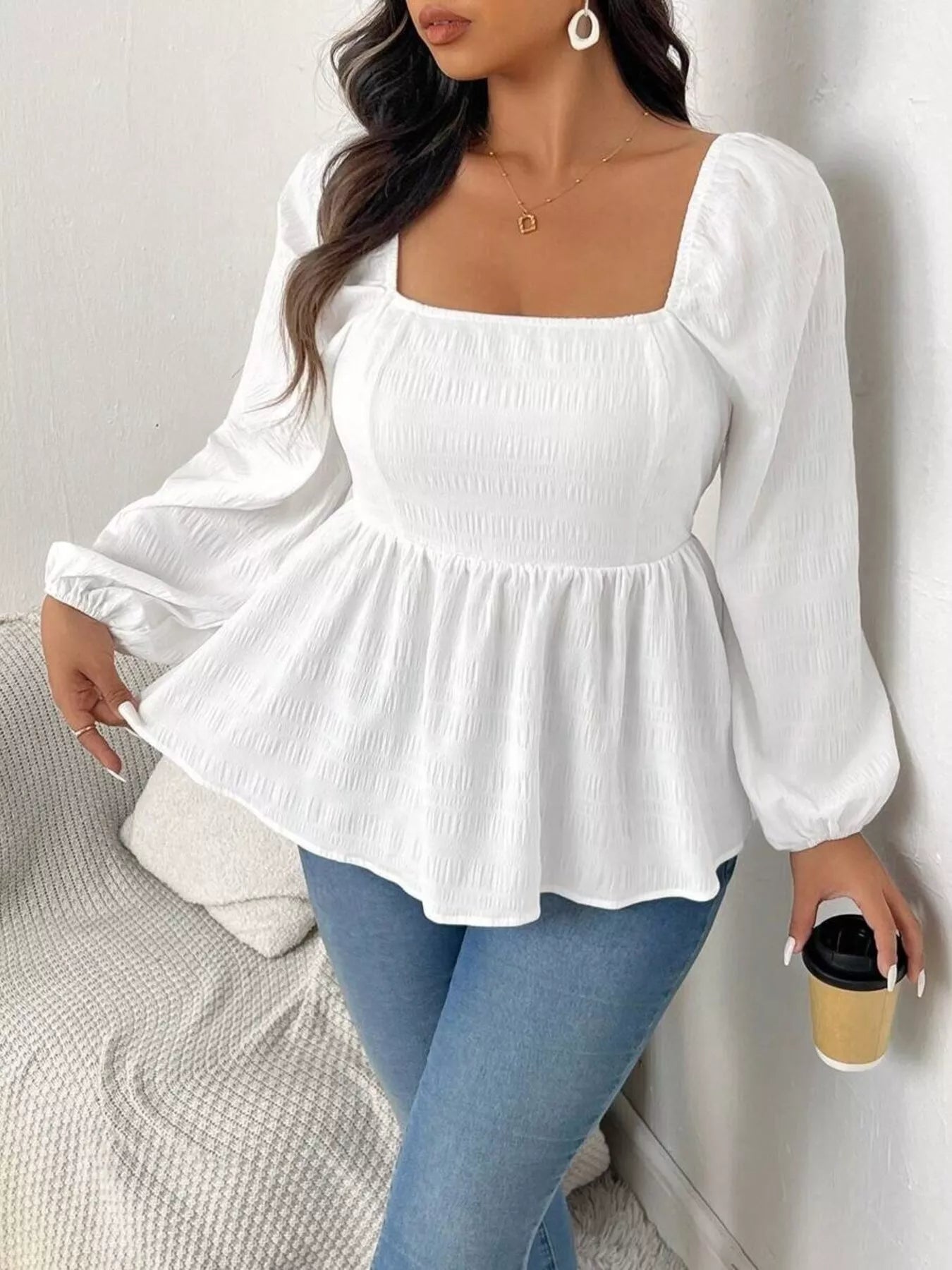 Plus Size Square Neck Long Sleeve Peplum Blouse 