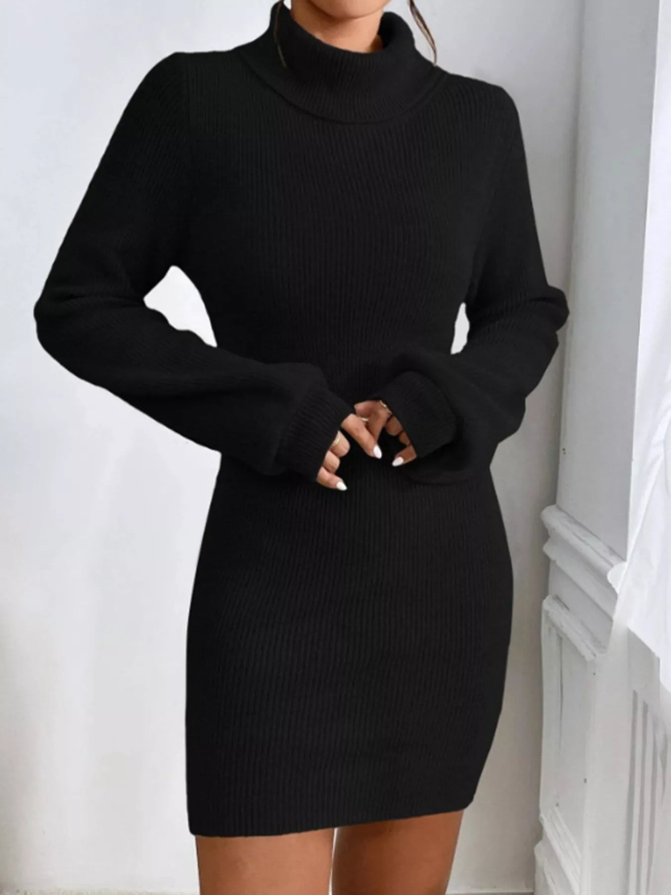 Turtleneck Ribbed Knit Sweater Dress 