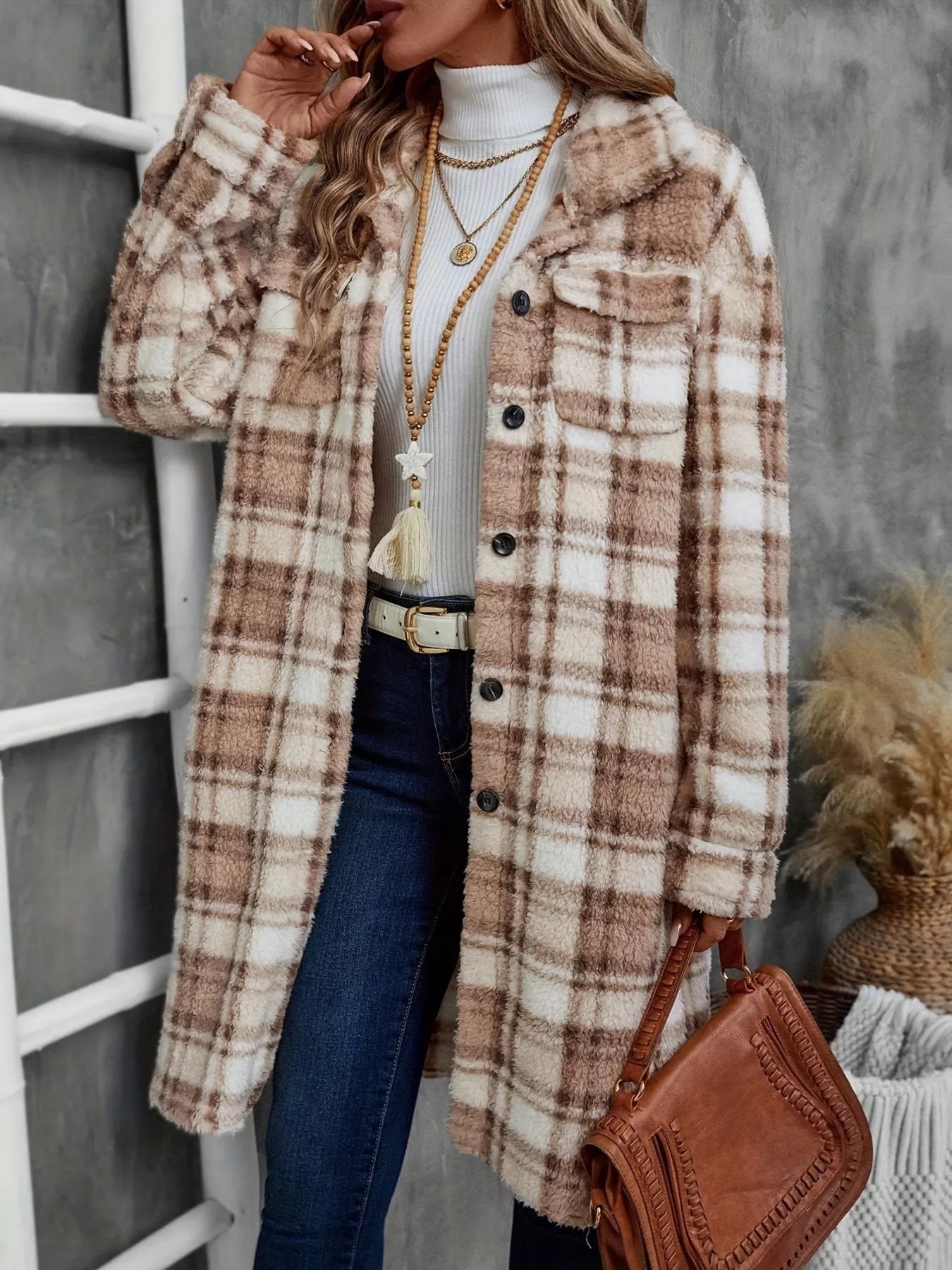 Plaid Fleece Button Up Longline Outerwear 