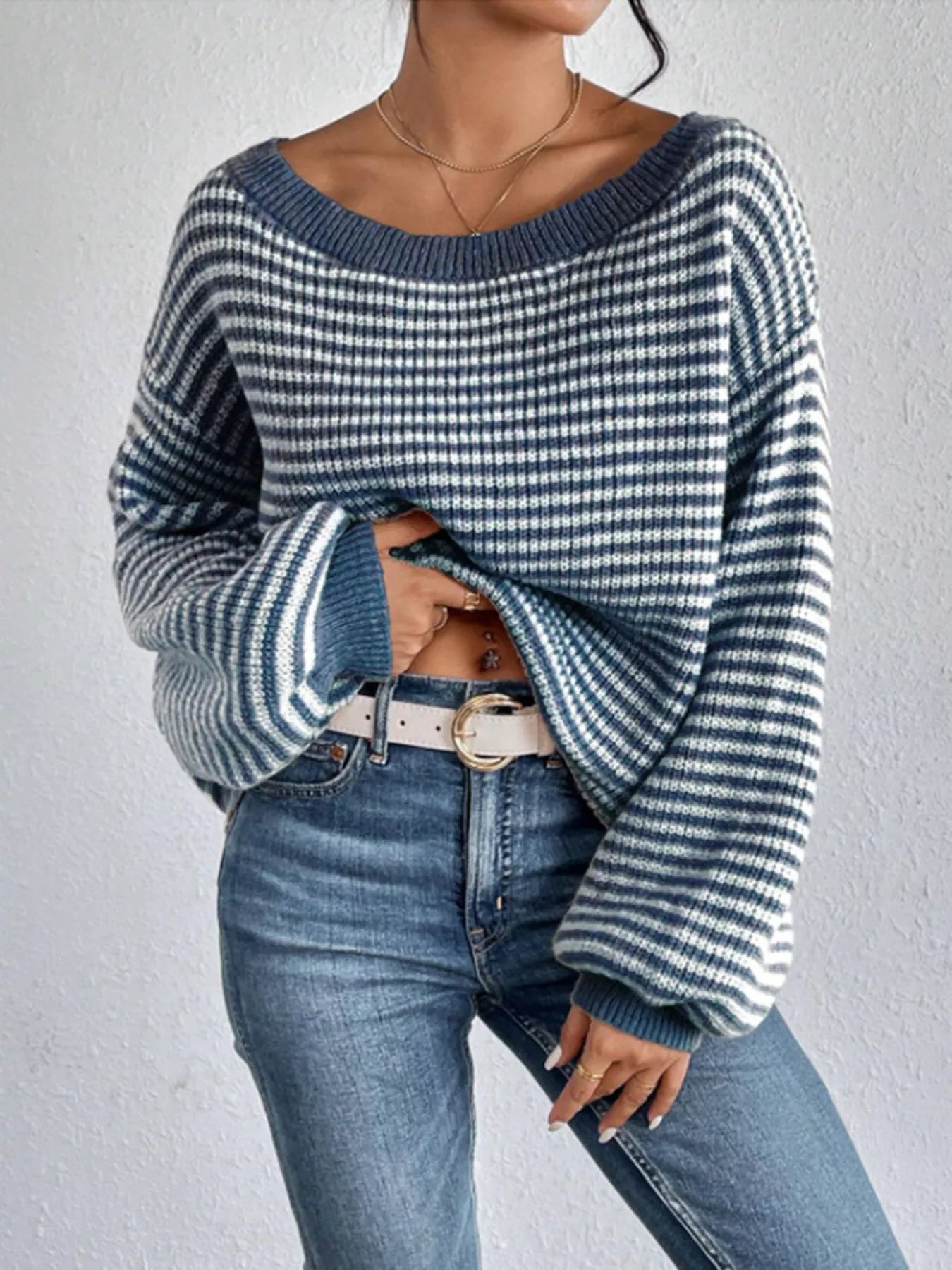 Striped Boat Neck Long Sleeve Sweater 