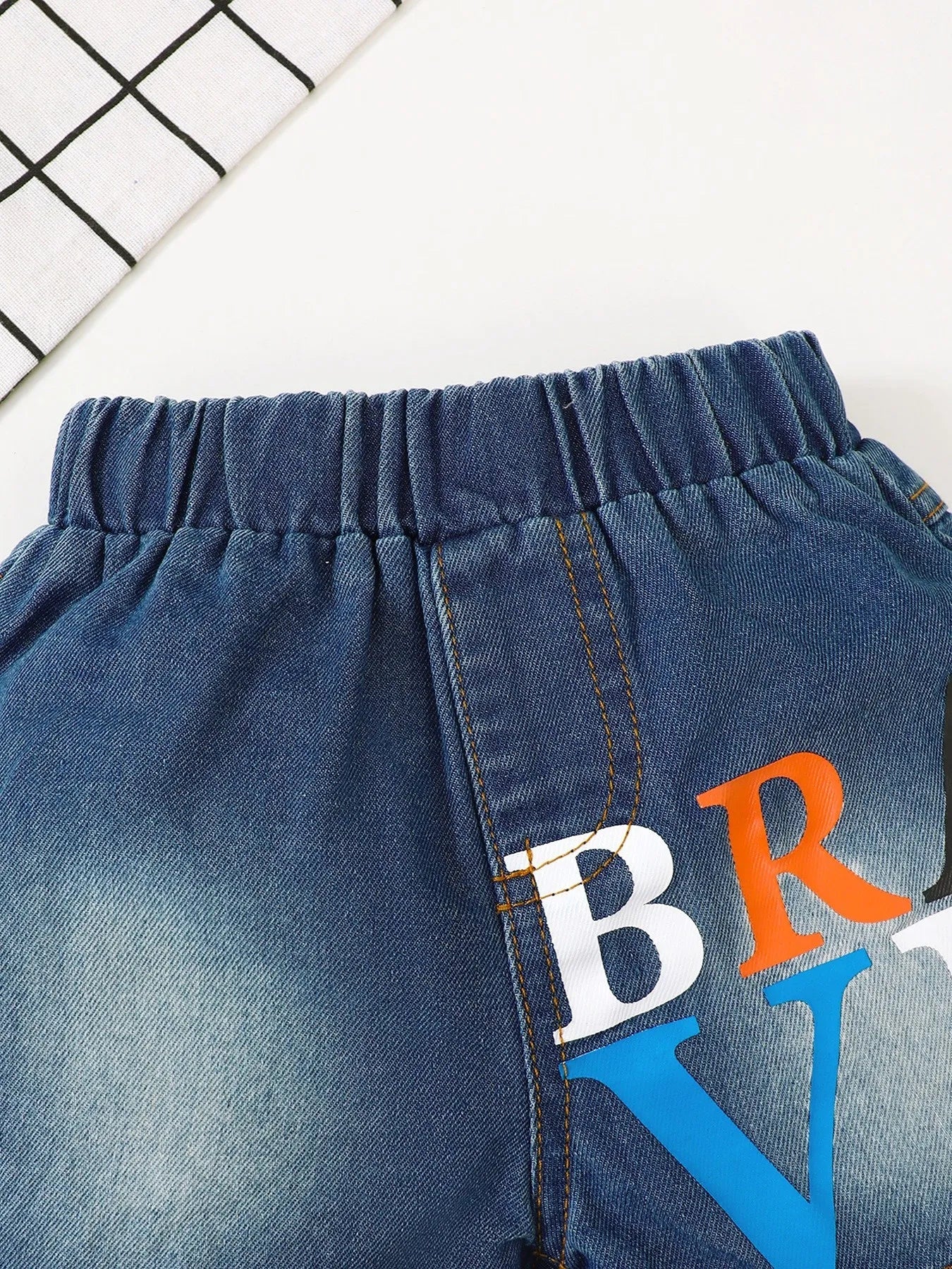 Children's Letter Round Neck Top and Denim Shorts Set 