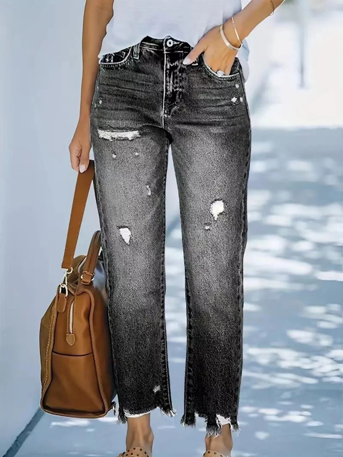 Distressed Straight Leg Jeans 
