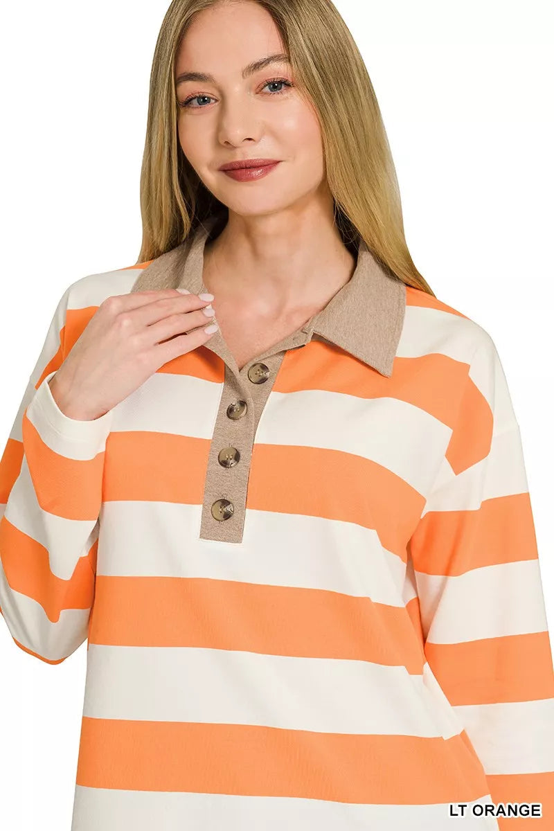 Zenana Striped Contrast Collar Polo Top 