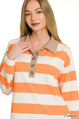 Zenana Striped Contrast Collar Polo Top 