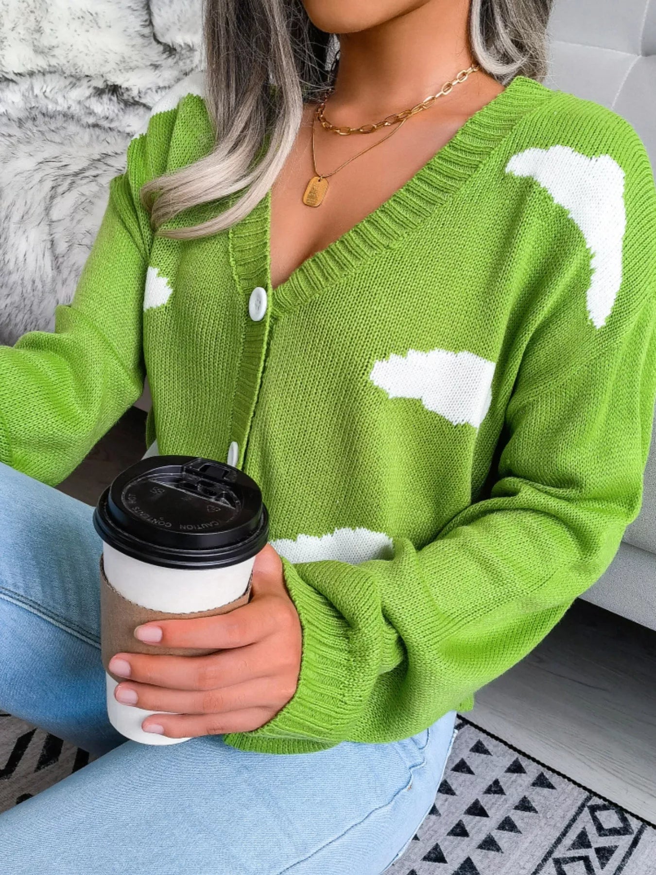 Cloud Pattern Button-Up Cropped Cardigan 