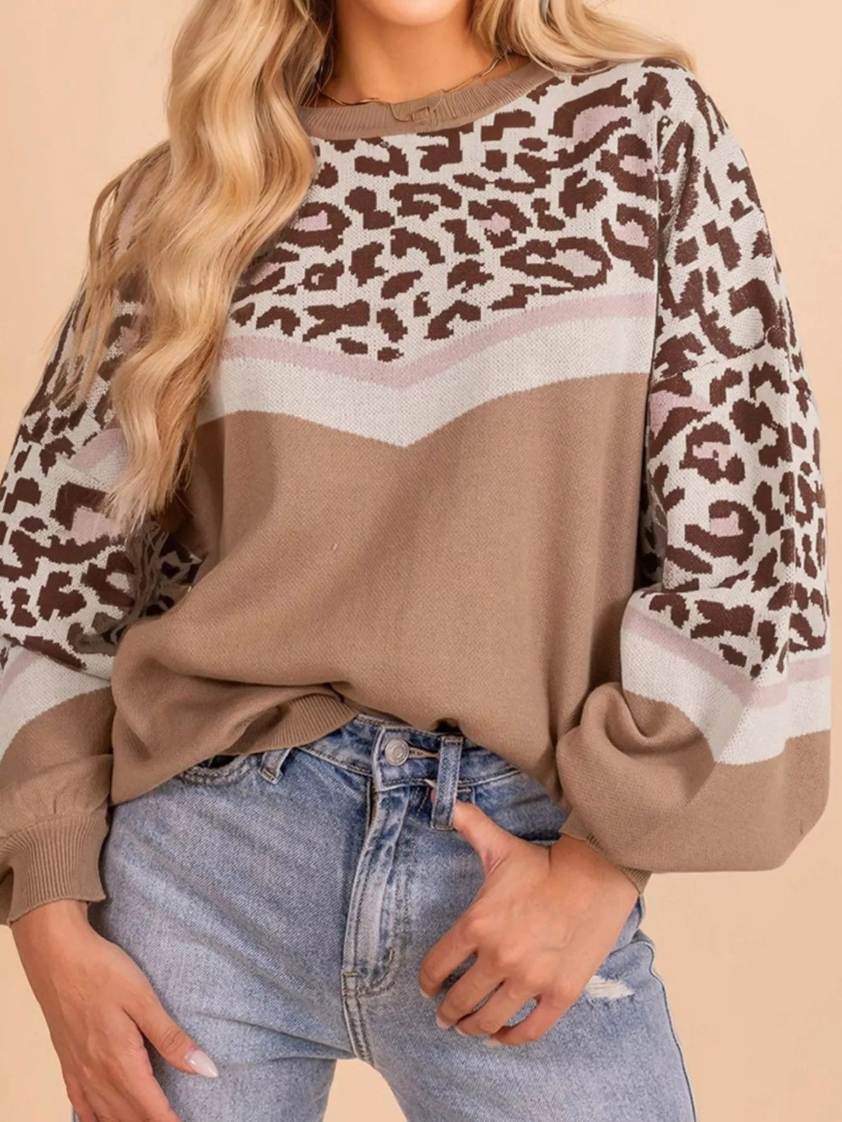 Leopard Color Block Knit Round Neck Baggy Sweater 