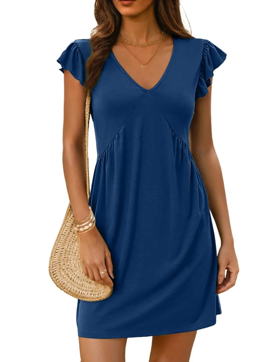 V-Neck Ruffled Cap Sleeve Mini Dress 