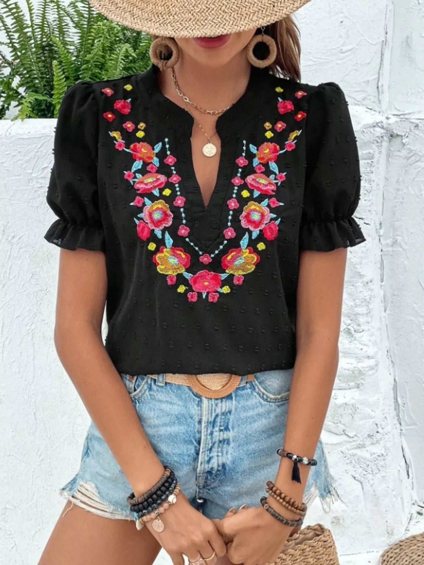 Floral Embroidered Puff Sleeve Blouse 