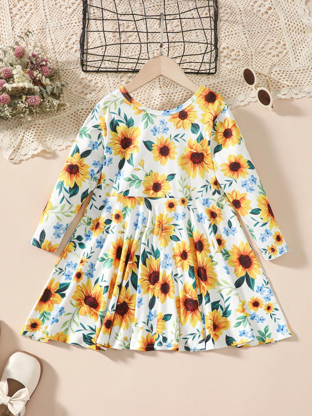 Kids Sunflower Print Round Neck Long Sleeve Dress 