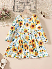 Kids Sunflower Print Round Neck Long Sleeve Dress 