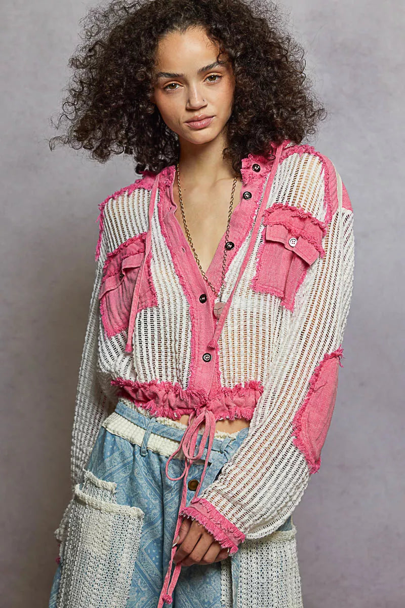 POL Texture Woven Button Down Hooded Shirt with Drawstring Hem 