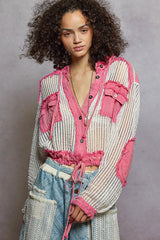 POL Texture Woven Button Down Hooded Shirt with Drawstring Hem 